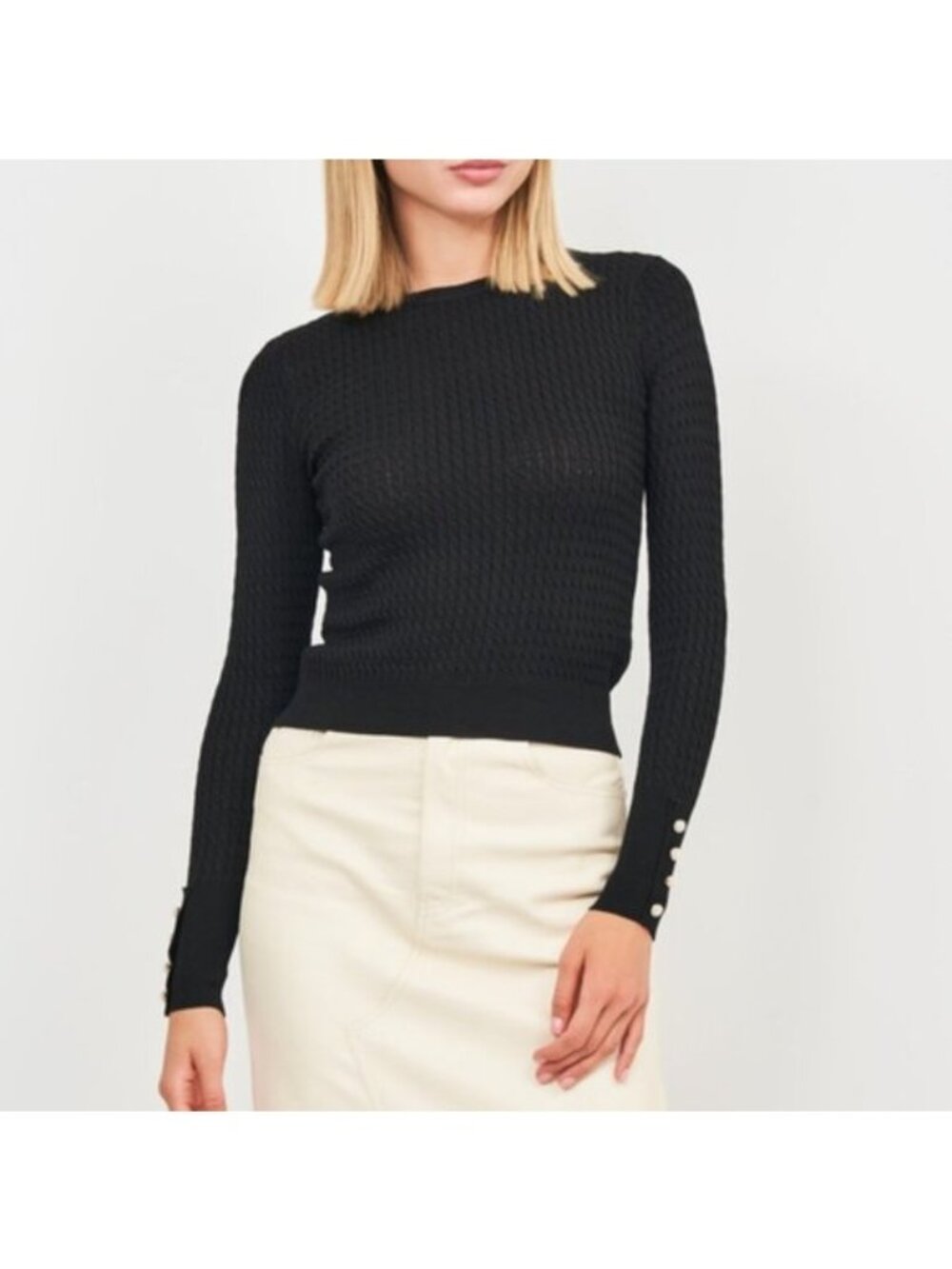 Zara Women's Textured Sweater with Buttoned Pearl Sleeves Knit